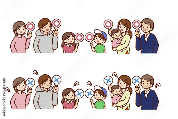 Fototapeta マルバツの札を持っている男の子のイラスト