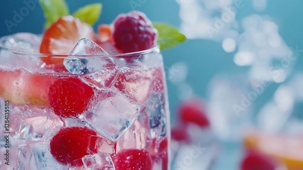 Obraz Refreshing Raspberry and Strawberry Infused Water with Ice Cubes Close Up