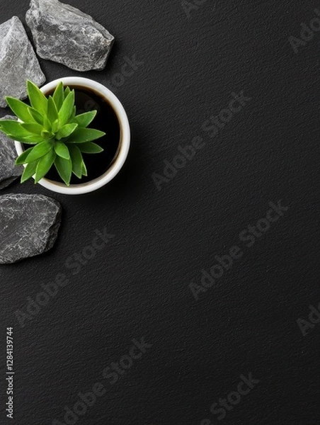 Fototapeta A minimalistic arrangement featuring a green succulent plant in a pot next to gray stones on a black background.