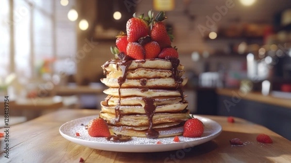 Fototapeta Worms eye view looking up at a towering crepe stack with Nutella and strawberries, cozy caf backdrop