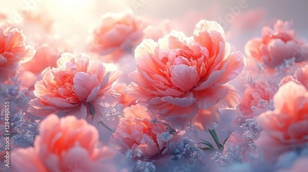 Fototapeta Blooming peonies in a soft sunrise nature photography serene garden floral beauty close-up view tranquil vibes