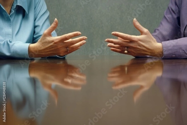 Fototapeta Business meeting, hands gesturing, reflective table. Possible use stock photo for business articles