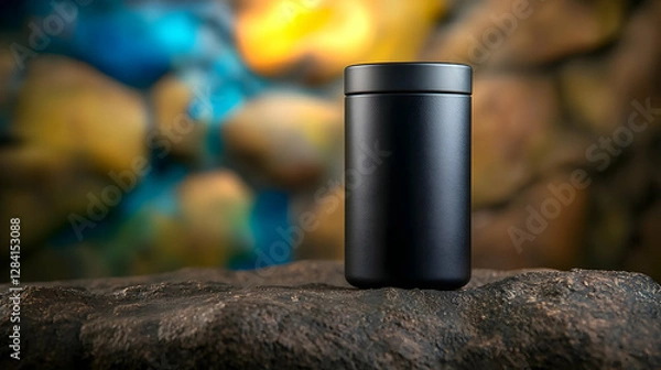 Obraz Black container on rock, nature background, product display