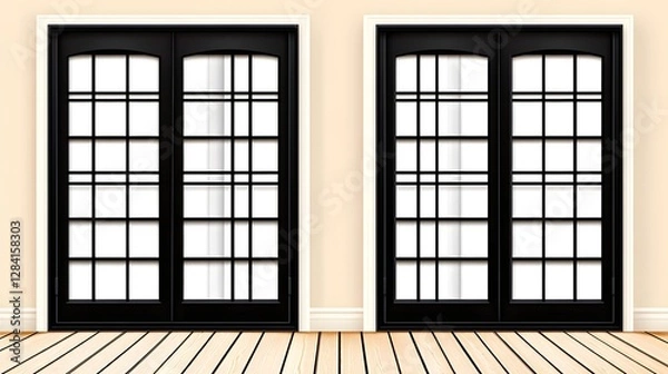 Fototapeta Interior Featuring Two Black Framed Sliding Windows with Cream Walls and a Wood Floor