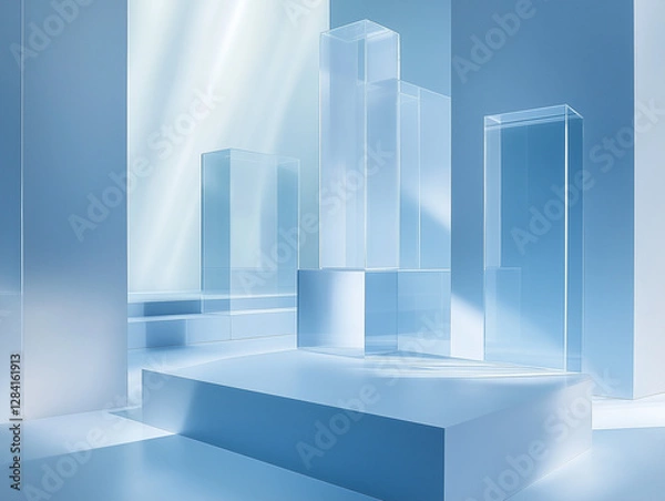 Fototapeta Blue glass backdrop of modern and minimalistic design with a focus on transparent glass like structures. 