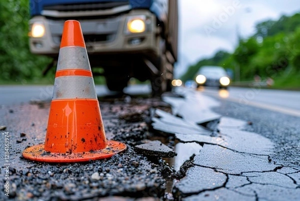 Fototapeta An orange traffic cone placed on a cracked road, warning drivers of potential hazards during a gloomy day with blurred vehicles in the background. emergency response