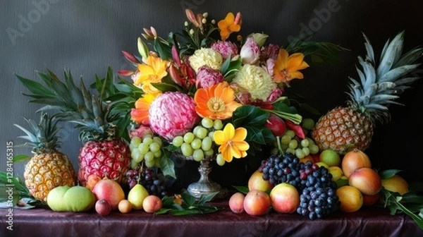 Fototapeta Vibrant floral and fruit arrangement with pineapples and grapes