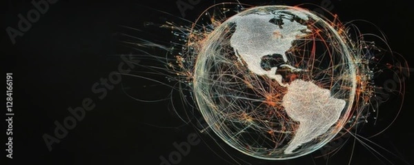 Fototapeta Illuminated world map with network connections highlighting the americas on dark background