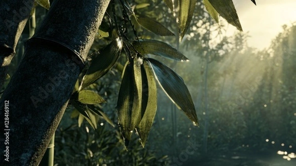 Fototapeta Close-up of bamboo forest with vibrant green leaves, dew drops glistening on the surface, and thick bamboo stalks. Sunlight filters through the lush foliage, creating a serene and detailed texture.