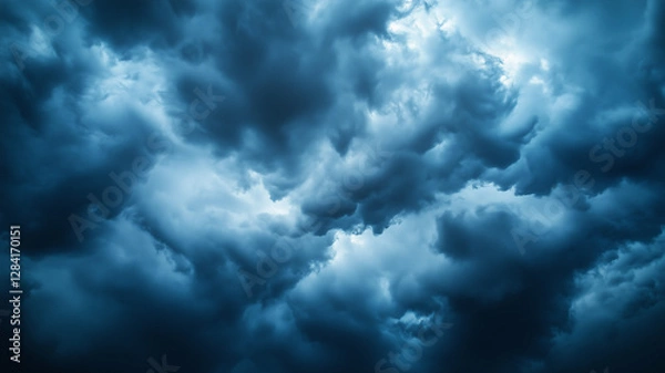 Fototapeta A breathtaking panoramic view of an ominous sky, filled with textured thunderclouds in shades of navy and cobalt. A perfect stock image for backgrounds and marketing materials (1)