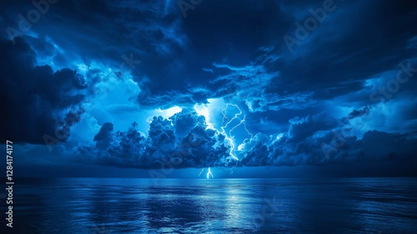 Fototapeta A dramatic night sky over the ocean, dark blue clouds rolling in. Thunder rumbles as streaks of lightning dance across the sky, reflecting on the water below. A sense of intensity and power (1)