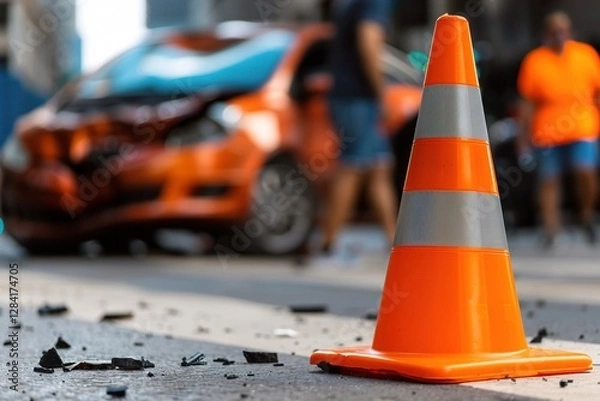 Fototapeta An orange traffic cone in focus, with an out-of-focus, damaged car in the background, creating a scene of an auto accident and emergency response. emergency response