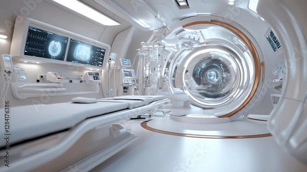 Fototapeta Futuristic white MRI scanner in high-tech medical laboratory with glowing interface