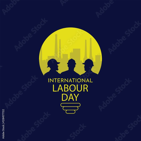 Obraz Vector design of worker silhouette in yellow bulb shape with industrial city atmosphere, suitable for international labor day celebration.