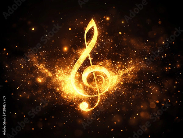 Fototapeta A musical note made of thin gold wire on a dark background, play of light, elegant minimalism, harmony.