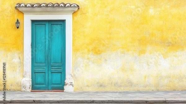 Fototapeta Turquoise Door Set Against an Aged Yellow Wall with Weathered Texture and Stone Base