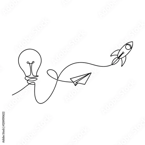 Obraz Continuous Line Art Idea, Innovation, Startup, Rocket, Launch, Paper Plane, Flight, Vision, Growth, 