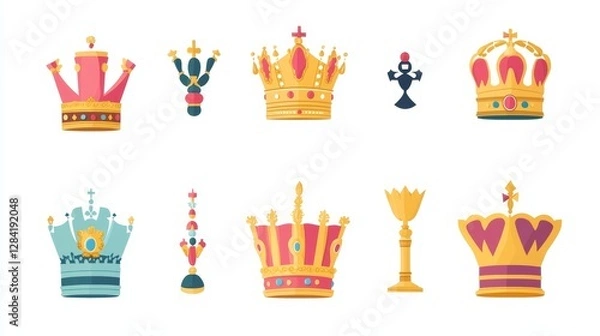 Fototapeta Icon set of crown, king, royal, golden, royalty, queen, princess, authority, emperor, majestic. Icons, flat vector illustrations, isolated on white, transparent background