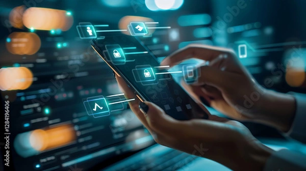 Fototapeta Person using mobile password manager app with glowing security icons, digital encryption cybersecurity data protection online privacy authentication and secure access control in futuristic interface