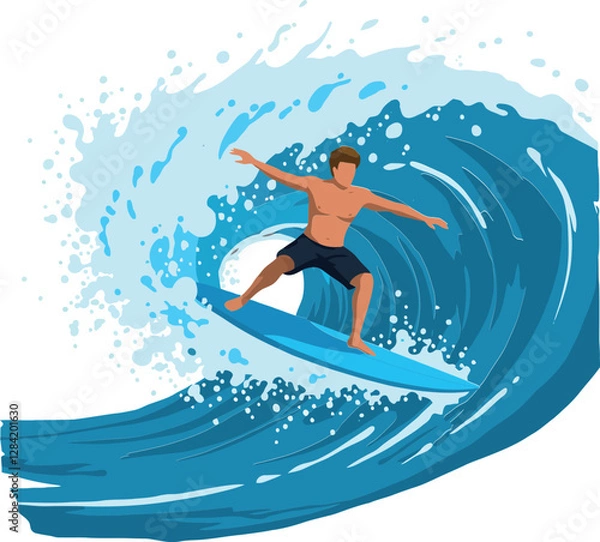 Fototapeta A young man surfing skillfully on a vibrant blue wave in a dynamic flat vector illustration