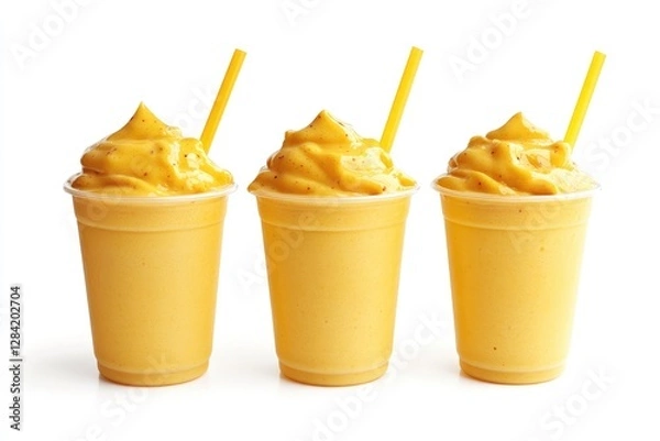 Fototapeta Three Mango Smoothies in Plastic Cups with Straws