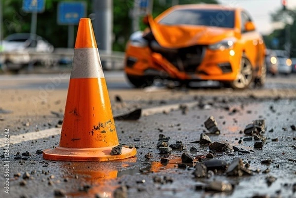 Fototapeta An orange traffic cone stands close to a wrecked orange car, highlighting a scene of a recent accident on a busy road, with debris scattered around. emergency response