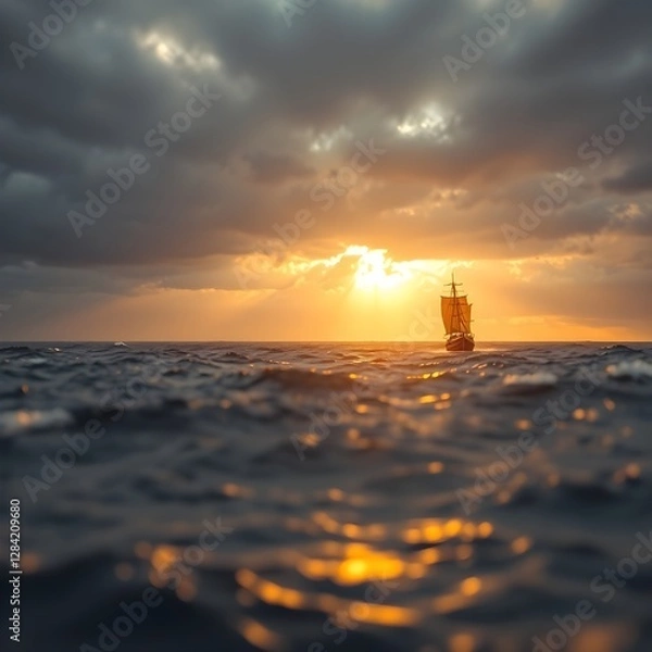 Obraz Dramatic Stormy Ocean Sunset, Golden Waves, Lone Ship with Golden Sails on Horizon. Ethereal, Spiritual, Mystical Seascape, Cozy Vibe, Generative AI.