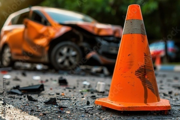 Fototapeta An orange traffic cone stands amidst the debris of a car accident, highlighting the damage to the crumpled vehicle in the background. emergency response