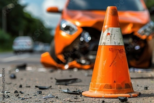 Fototapeta Close-up of an orange traffic cone at the scene of a car accident with a damaged vehicle in the background, conveying urgency and caution. emergency response