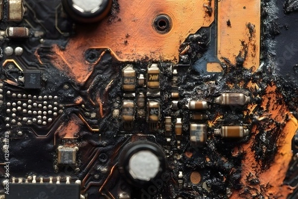 Fototapeta Damaged Circuit Board Macro Revealing Burnt Components and Broken Traces