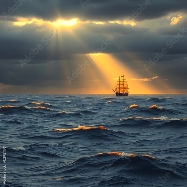 Obraz Dramatic Stormy Ocean Sunset, Golden Waves, Lone Ship with Golden Sails on Horizon. Ethereal, Spiritual, Mystical Seascape, Cozy Vibe, Generative AI.