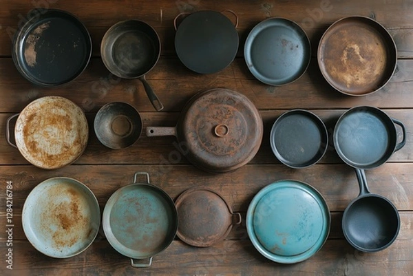 Obraz Collection of Vintage Cookware Arranged on a Wooden Surface Showcasing Diverse Shapes and Sizes