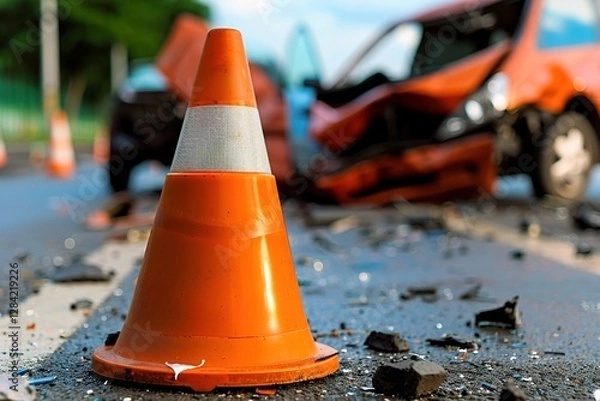 Fototapeta Close-up of an orange traffic cone in front of a car accident scene, showcasing debris on the road and a damaged vehicle in the background. emergency response