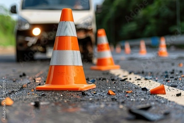Fototapeta Bright orange traffic cones set against a blurred vehicle in the background signify a roadside incident, evoking urgency and caution. emergency response