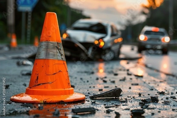 Fototapeta An orange traffic cone stands prominently beside a damaged car, emphasizing the aftermath of a road accident during sunset. emergency response