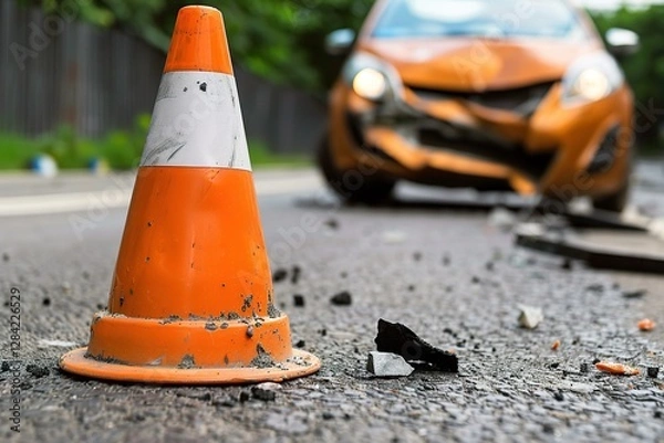 Fototapeta An orange traffic cone stands prominently in the foreground near a damaged car, highlighting the aftermath of a vehicular accident. emergency response