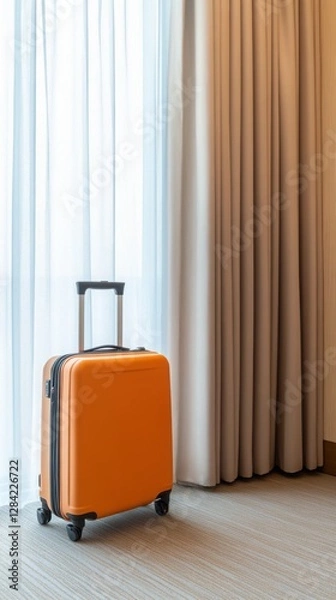 Fototapeta  modern hotel room with an open suitcase placed near the door, ready for departure.