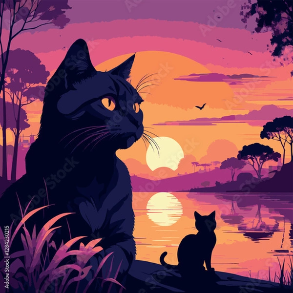 Obraz a silhouette of a cat sitting and looking at a sunset