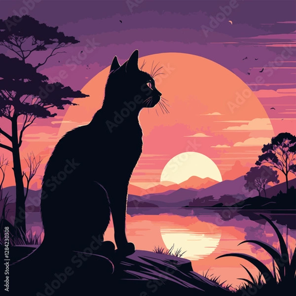 Obraz a silhouette of a cat sitting and looking at a sunset
