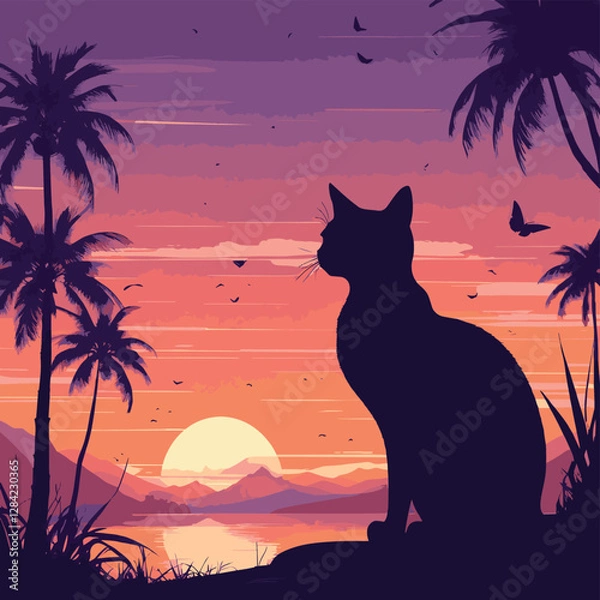 Obraz a silhouette of a cat sitting and looking at a sunset