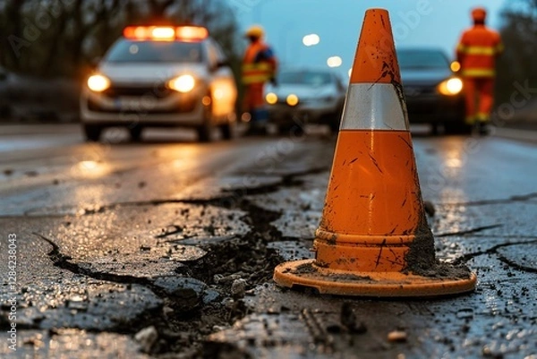 Fototapeta An orange traffic cone stands on a cracked road, illuminated by flashing lights from emergency vehicles, indicating an ongoing road incident. emergency response