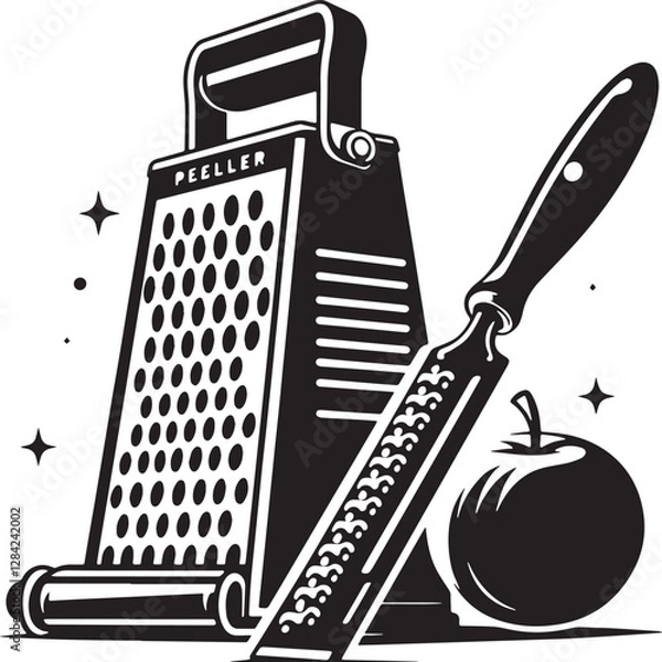 Obraz Black Color Peeler,Box grater Silhouette Vector Illustration design, Solid White Background
