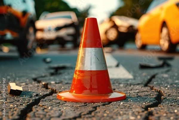 Fototapeta A prominent orange traffic cone stands in the foreground of a car accident scene, with debris scattered across the cracked road, suggesting urgency and chaos. emergency response