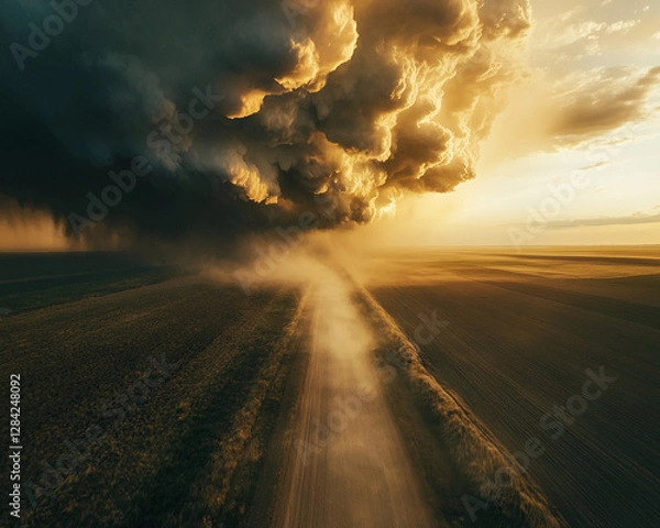 Fototapeta Aerial view of a dramatic dust storm moving over a rural road, with golden fields on either side, symbolizing the power of nature and extreme weather conditions.