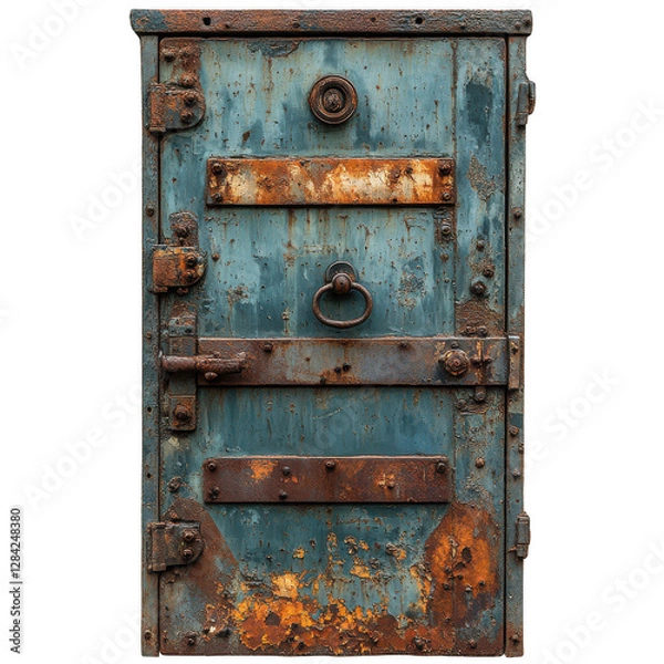 Fototapeta A corroded metal door with a rusty handle isolated on white background.PNG
