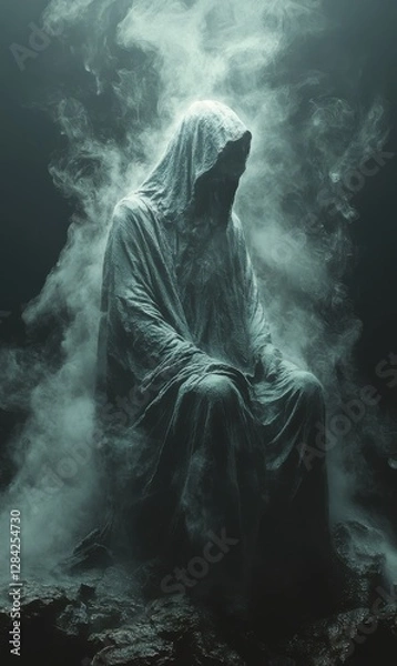 Fototapeta Shadowy figure in hooded cloak surrounded by ethereal mist at night