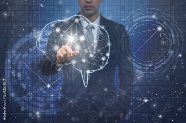Fototapeta Businessman hand pointing the brain over the Innovation Technolo