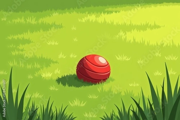 Fototapeta Bright red chew toy ball rests in lush green grass, inviting playful moments. Concept highlights importance of chew toy ball in enhancing pet playtime experience.