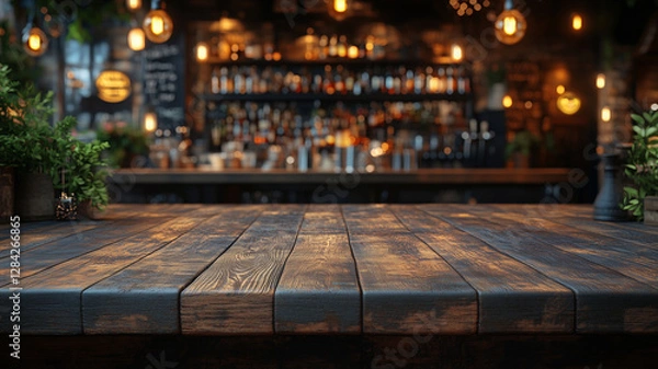 Fototapeta Wooden tabletop with a blurred background of a bar interior at night.