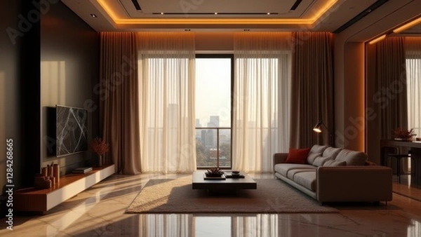 Fototapeta Blowing sheer curtains, Sheer curtains drift gracefully in a twilight room with warm artificial lighting and marble floors. Bird's-eye view hype